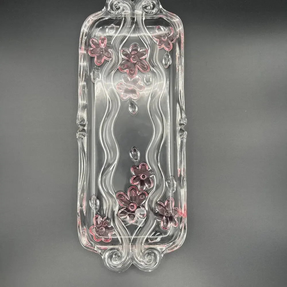 Vintage Mikasa Pink Flowers Blossom Crystal Plate Serving Tray Canopy Cottage
